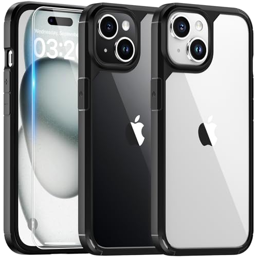 Coque iPhone 15 antichoc avec protection écran verre trempé noir TAURI