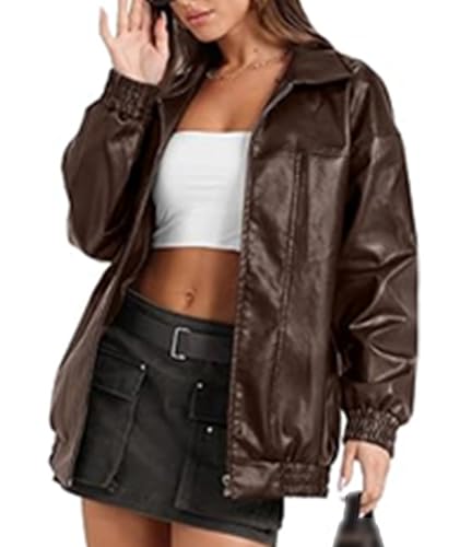 SOMTHRON Women's Oversized Leather Jackets Faux Casual Zip Up Fall Motorcycle Bomber Outfits Winter Fashion Clothes4