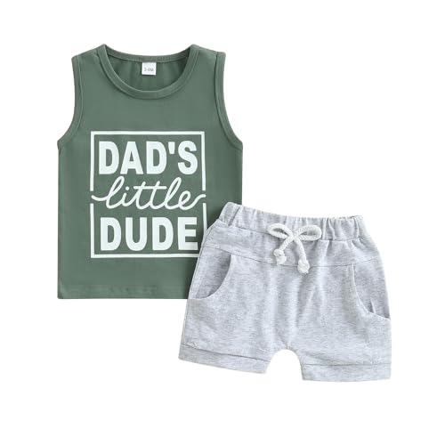 Image of Toddler Baby Boy Summer Outfits Sleeveless Letter Printed Tank Tops Elastic Waist Shorts Set Newborn Infant Clothes (Little Dude Green, 12-18 Months)