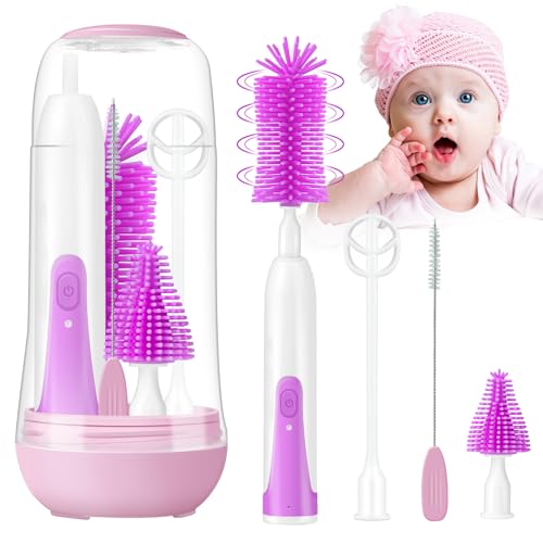 Sinbyuer Electric Baby Bottle Brush Cleaner, Rechargeable Battery Baby Bottle Brush with Nipple/Straw Brush and Mixing Head, 360° Rotation Electric Bottle Brush Cleaner Baby Automatic Bottle Brush Set