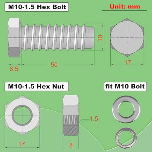 Image of M10x50mm Hex Bolts with Hexagon Nut, Flat Washers, Spring Washers | 4 Sets M10-1.5mm Hexagon Bolt for Caster Wheels Assembly Fully Thread Bolt, 304 Stainless Steel Fastener Set