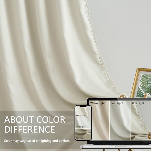 Image of Treatmentex Pom Pom Curtains for Bedroom Windows 84 inch Energy Efficient Thermal Insulated Living Room Darkening Curtain Panels for Kitchen Nursery Room Ivory 52 inch w x2 Panels Rod Pocket