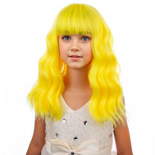 Image of PATTNIUM Yellow Wig for Kids Child Wigs Short Wavy Curly Yellow Wig with Bangs for Girls Synthetic Girls Cosplay Halloween Party Costume Wigs