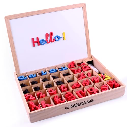 Letras y Números Magnéticos Montessori | Abecedario Móvil Cursiva Ligada. Mayúsculas, Minúsculas y Cifras en Goma EVA | Pizarra Reversible y Caja de Madera | Juego Educativo Aprender a Leer y Escribir