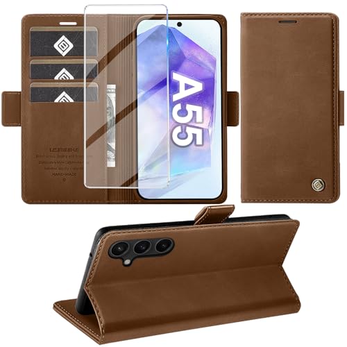 Coque Samsung A55 5G en cuir marron avec fente RFID et verre trempé