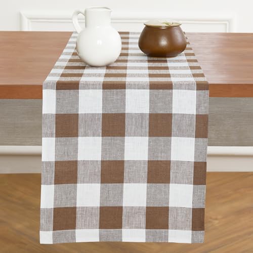 Solino Home 100% Linen Table Runner, 14 x 132 in, Brown and White Check by Solino Home - Used condition - US$37.93