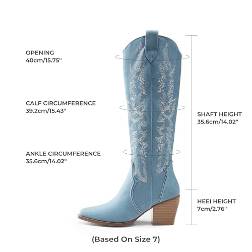 Image of DREAM PAIRS Womens Cowboy Boots Wide Calf Comfortable Pull On Zipper Chunky Heel Pointed Toe Embroidered Western Cowgirl Knee High Boots Ladies Retro Tall Boot