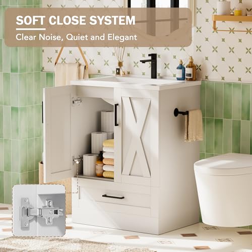 JUMMICO 24\" Bathroom Vanity with Sink, Bathroom Storage Vanity Sink Cabinet with 2 Doors ＆ 1 Drawer Space, Farmhouse Wooden Free Standing Bathroom Cabinet with Sink Combo, Easy Assembly (White) - Thumbnail 5