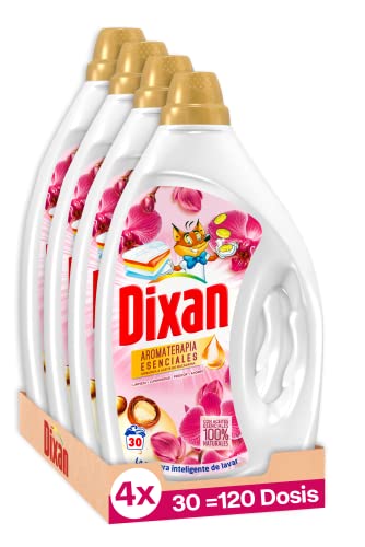 Dixan Gel Aromaterapia Orquídea & Aceite de Macadamia, Detergente Líquido para Lavadora (30 lavados, pack de 4, total 120 lavados), jabón líquido, aceites esenciales para lavar ropa blanca y de color Cover