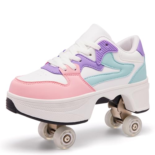 ANEFUN 4 Wheel Pop-Up Roller Skate Shoes for Women Men Girls Boy Fashion Outdoor Indoor Quad-Skates for Kids & Adults White-Pink