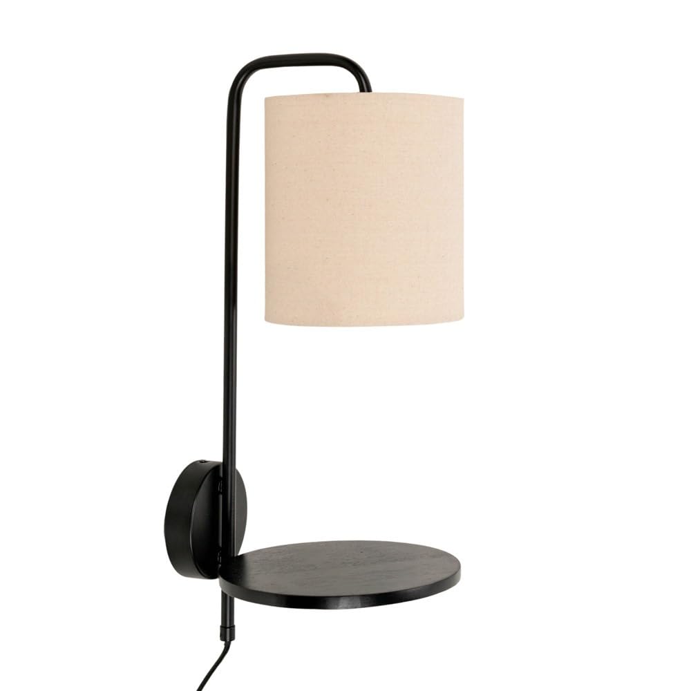 ValueLights | Ryan Natural Linen Lamp Shade Black Metal Wall with Wooden Shelf and LED Bulb
