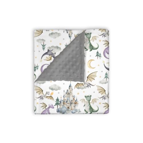 Image of EyMzcod Mink Baby Boys Blanket Dragon Tale Castle, Watercolor Green Moon Clouds Stars Tree Soft Double Layer Dotted Backing Receiving Blankets, Newborn Infant Toddler Nursery Crib Bedding 30