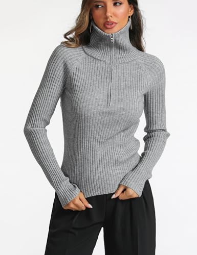 Prettywear 2024 Women'S Half Zip Cropped Sweaters V Neck Collared Long Sleeve Ribbed Knit Pullover Fall Tops Grey S thumb #2