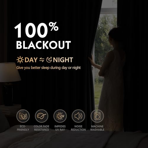 Image of FMFUNCTEX 100% Blackout Curtains for Bedroom, Black Curtains 63 Inch Length Textured Thermal Insulated Curtains for Living Room Drapes, Black Out Drapery Grommet Room Darkening 2 Panels