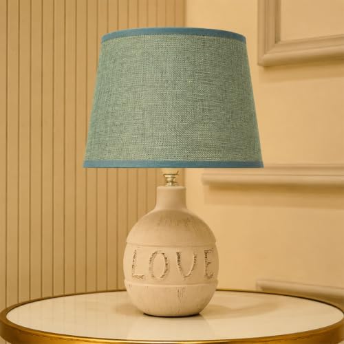 Image of ELARE Love Printed Table Lamp with Blue Fabric Shade & LED Bulb - Romantic Gift for Girlfriend, Boyfriend, Wife, Husband, Couples, Anniversary, Valentine's Day, Bedroom Bedside Lamp, 36 cm