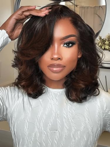 UNICE 12 inch Loose Wavy Short Bob Wigs human Hair Chestnut Brown 13x4 Lace Front Glueless Wigs Human Hair Pre Plucked Pre Cut Lace Bleached Knots Ready to Wear Wig