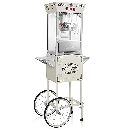 Olde Midway Movie Theater-Style Popcorn Machine Maker with Cart and 8-Ounce Kettle - Cream, Vintage-Style Popper on Wheels