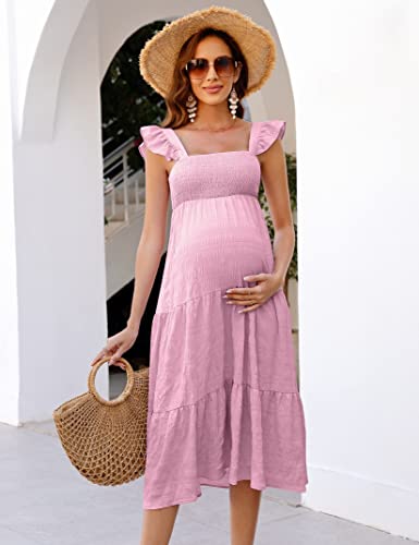 Image of KOJOOIN Womens Maternity Dress Summer Sleeveless Smocked Square Neck Ruffle Casual Boho Midi Dress Baby Shower Photoshoot