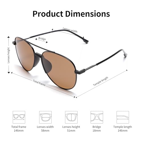 Classic Premium Aviator Sunglasses, Full UV Protection, Black Metal Frame with Brown Polarized Lens3