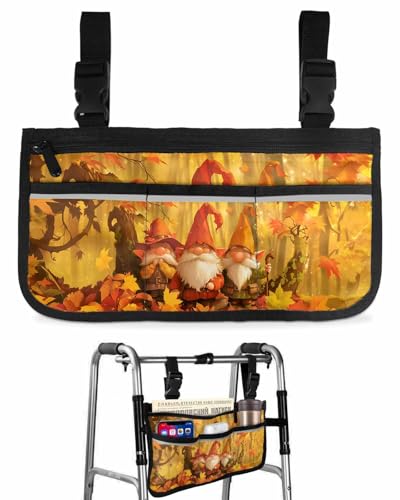 Anzona Fall Forest Gnomes Wheelchair Side Bag Walker Bag, Farmhouse Autumn Maple Leaf Wheelchair Accessories Armrest Pouch, Organizer Storage Bag for Walkers, Rollators, Scooters, 7.3''x13''