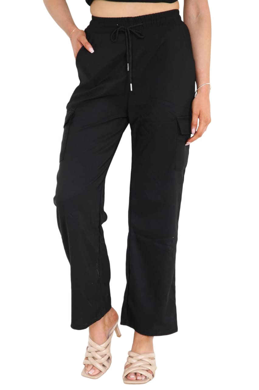 Celebmodelook Women's Black Cargo Trousers 4 Pockets Wide Leg Palazzo Drawstring Elastic Waist Casual Pants