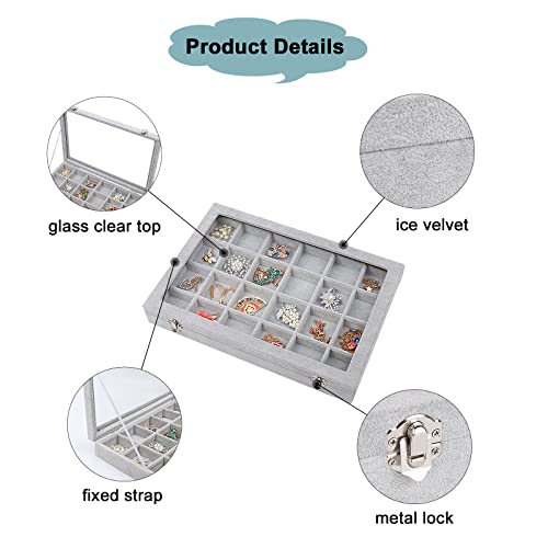 Stylifing Jewelry Organizer Box, 24 Grid Clear Lid Earrings Storage Case, Ring Holder Necklace Crystals Velvet Tray For Display #TOP3