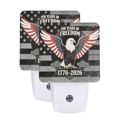 Image of 250 Years Anniversary of USA Night Light Set of 2, Patriotic Eagle Auto Sensor LED Dusk-to-Dawn Nightlights, Plug-in Sensor Lamp for Bedroom Bathroom Kitchen Hallway Stairs Decorative