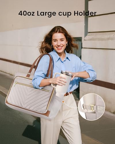 Image of LOVEVOOK 17 Inch Laptop Teacher Tote Bag for Women, Work Nurse Bag with Large Cup Holder, Quilted Diaper Bag for Travel, Computer Women's handbags for Teacher gift, Apricot-brown