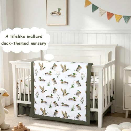 Image of Mallard Duck Baby Crib Bedding Set for Boys, 4 Piece Green Baby Bedding Include Crib Skirt, Comforter, Fitted Sheet, Diaper Stacker