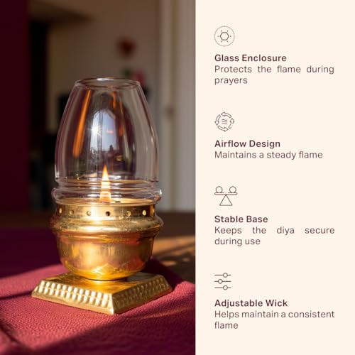Image of P•TAL Brass Akhand Jyot Diya with Glass Cover - Handcrafted Long-Lasting Oil Lamp for Puja, Mandir & Festivals (1N) Small