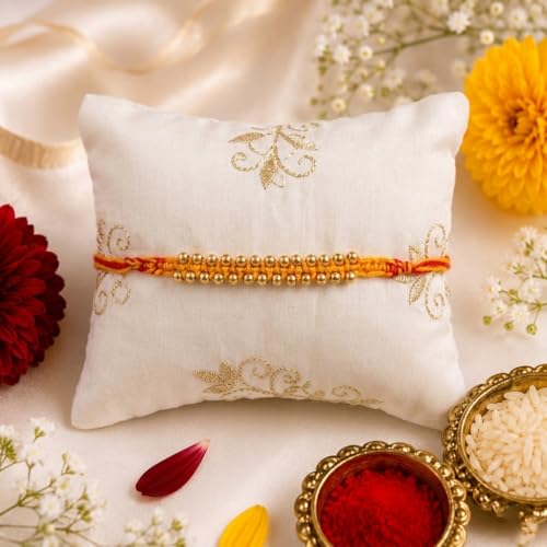 Image of Set of 12 Elegant Rakhi for Bhaiya with Roli Chawal, Traditional Gold Beaded Red & Yellow Thread for Brother, RakshaBandhan Rakhi Combo Pack for Family