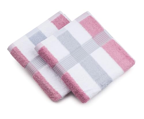 Gözze - New York Streifen Handtücher, 2er-Set, Weich und saugfähig, 100% Baumwolle, 50 x 100 cm - Altrosa/Weiß/Silber