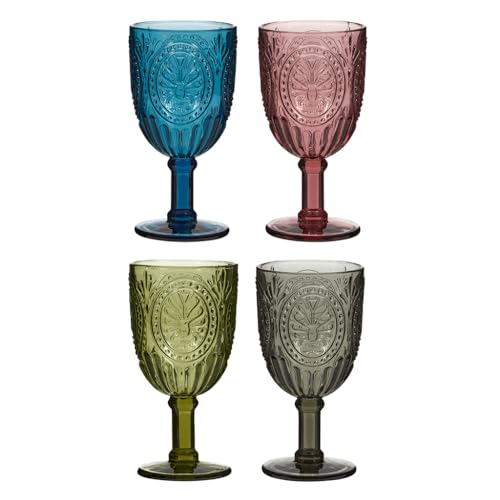 Dibor Wine Glasses Set of 4 Embossed Vintage Style Wine Goblet Glassware Set Dishwasher Safe Wine Glass Set Colourful Footed Chalice Tumblers Alfresco Dining Glassware