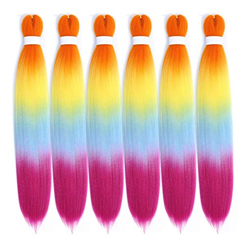Ombre Braiding Hair 6 Packs Synthetic Pre Stretched Braiding Hair Extensions 24 Inch Yaki Texture Braiding Hair (Rainbow Color)