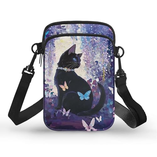 WELLFLYHOM Black Cat Small Crossbody Bags Women Cell Phone Purse Wallet Bag with Shoulder Strap Butterfly Messenger Bag Canvas Shoulder Handbag