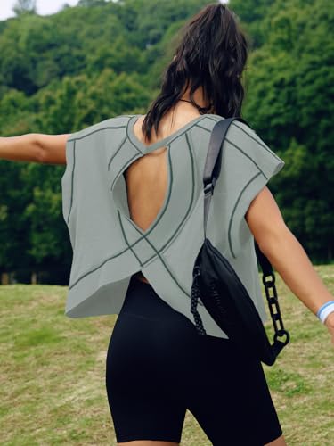 Image of SENSERISE Womens Open Back Workout Tops Backless Short Sleeve Athletic Shirt Running Crop Top Gym Yoga Tee
