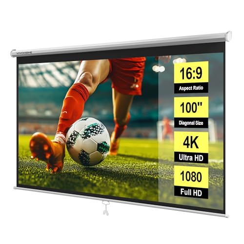 Image of VIVOHOME 100 Inch 16:9 Pull Down Projector Screen, HD 4K Retractable Movie Screen for Indoor Home Theater and Office, Manual Projection Screen with Auto Locking (87W x 49H Inch Display Area)