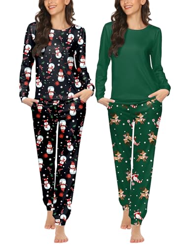 Image of Ekouaer 2 Pack Pajama Sets for Women,Long Sleeve Top With Jogger Pants Lounge Set Sleepwear with Pockets