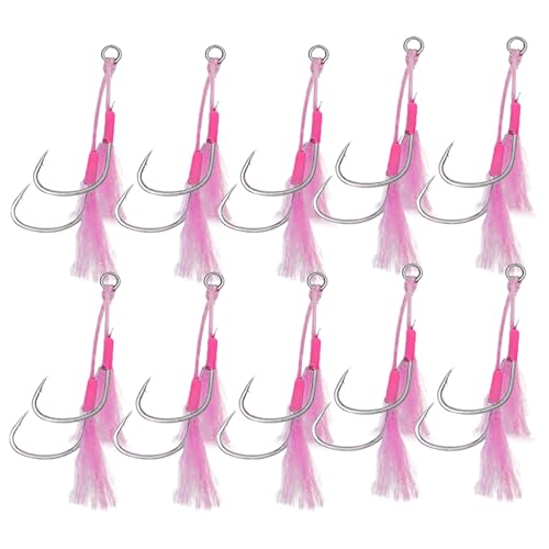 RIZES 釣り ダブル フック アシスト 針 スプリット ルアー フェザー ソルト アジング ティンセル ジグ フィッシング 伊勢尼 15号 10個 ピンク
