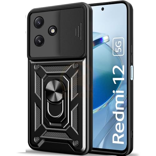 Image of Armor Bumper Back Cover Case for REDMI 12 5G /Poco M6 PRO 5G Rotating Camera Cover, Ring Holder & Kickstand | Heavy Duty & 360 Degree Protection REDMI 12 5G /Poco M6 PRO 5G Back Cover (Black)
