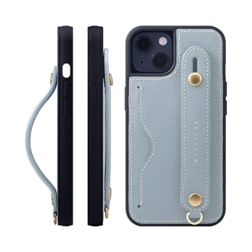 iPhone13 ケース 本革 グリップケース エンボスレザー ストラップ付属 片手操作 カードポケット スタンド機能 メンズ レディース ブルー ラン NCGH-13-Bluelin