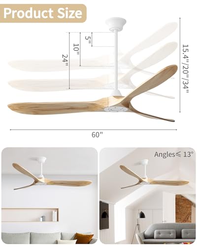 Image of Sofucor 60 Inch Wood Ceiling Fan No Light with Remote, Modern, 3 Blades