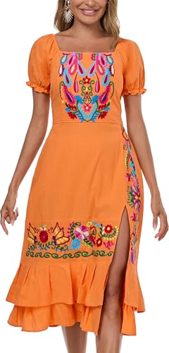 Image of YZXDORWJ Mexican Dress for Women Boho Embroidered Sexy Ruffle Maxi Dress Short Sleeve Summer Beach Wedding Party Dress