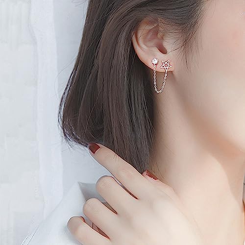 Round CZ Star Double Piercing Earrings 925 Sterling Silver Tassel Chain Dangle Drop Crystal Stud Earring for Women Girls Fashion Unique 2 Ear Holes Hypoallergenic Birthday Christmas BFF Jewelry Gifts2