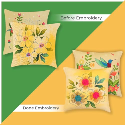 Image of picknMAKE Pack of 2 DIY Cushion Cover Hand Embroidery Kit for Beginners & Adults - Botanical Harmony Set | 16 inchx16 inch Cross-Stitch Pillow Covers with Digitally Printed Designs | All Materials Inside