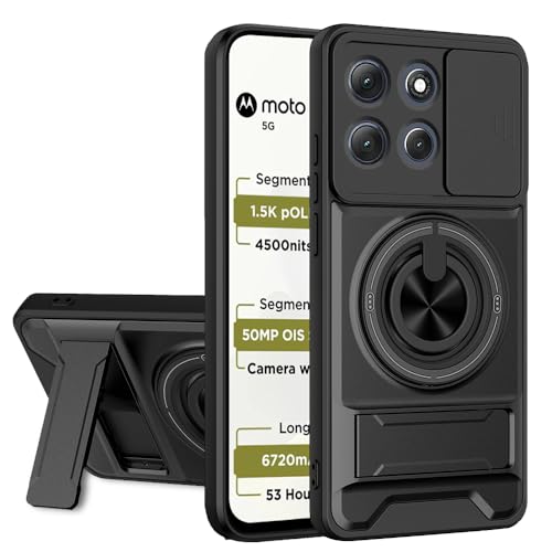 Image of AESTMO Moto G86 Power 5G Back Cover | Armor Camera Slider 360 Degree Rotating Finger Ring Holder Case with Bracket Stand Back Case Cover (Compatible with MagSafe Accessories) (Black)