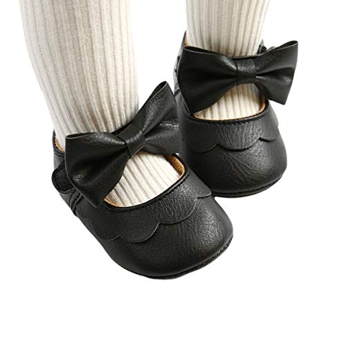Baby Girls Princess Dress Shoes, Cute Mary Jane Flats with Bowknot Toddler Anti-Slip Rubber Sole First Walkers (Black, 12-18 Months)
