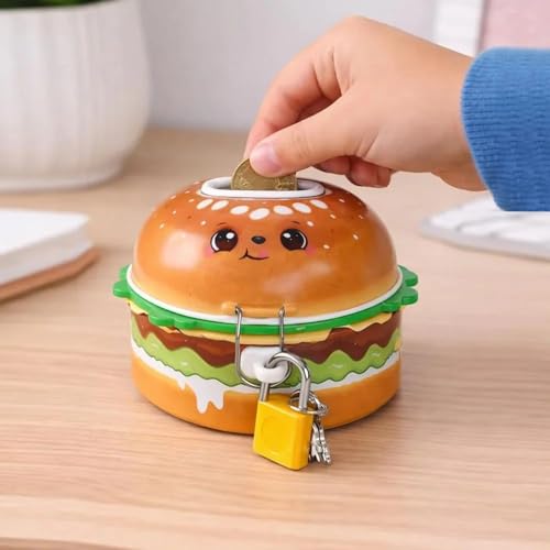 Image of Sajani Cute Cartoon Creative Portable Piggy Bank, Money Saving Box with Combination Lock, Mini Coin Bank Gifts for Boys and Girls, Best Return Gifts for Kids (Pack of 1) (Burger)
