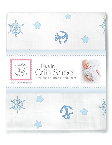 Image of SwaddleDesigns Softest Cotton Muslin Fitted Crib Sheet /Toddler Sheet for Baby Boy & Girl, Pastel Blue Ahoy!