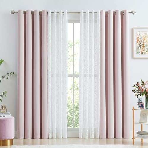 Image of Mix Matched Pink Full Blackout & Sheer Leaf Lace Curtains 52 inchWx95 inchL 6Panels